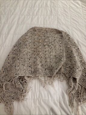 Cozy Fringe Knit Shaw Sweater XS in Light Taupe handmade